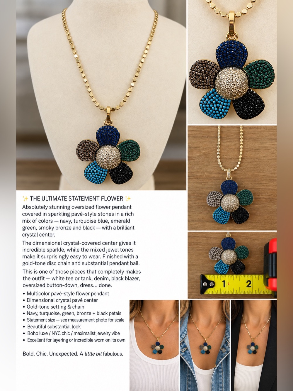🌼💙🩵💚Multicolor Pavé Crystal Flower Statement Necklace Gold Tone